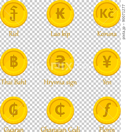 Riel, Lao coin, Czech koruna, Thai baht, Ukraine, Japanese yen, Guarani, Ghanaian cedi, Dutch guilder and other currency symbols 90071277