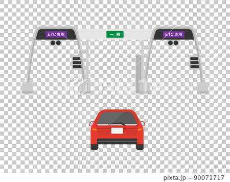 Illustration of a car passing through a tollhouse on a highway 90071717