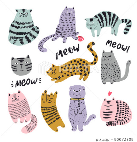 Cute cats hand drawn set. Funny kitten characters doodle illustration. Flat pets vector. Cute cats hand drawn set. Funny kitten characters doodle illustration. Flat pets vector. 90072309