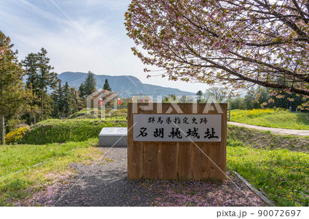 名胡桃城の銘板と八重桜 90072697