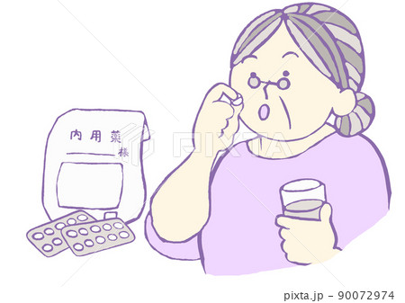 認知症進行抑制剤をコップの水で内服する軽度認知症の高齢女性のイラスト　薬袋文字あり 90072974