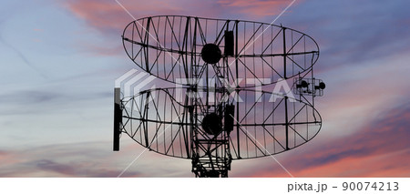 Air defense radars of military mobile anti aircraft systems, modern army industry on the background of the sunset orange sky, Russia 90074213