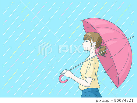 雨の日に傘をさして出かける女性のイラスト デザイン用の背景素材 雨季 上半身 傘 横顔 のイラスト素材