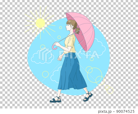 一個女人在陽光明媚的日子裡帶著遮陽傘走路的插圖 藍天、太陽和雲彩 全身，輪廓，夏天，遮陽傘 90074525