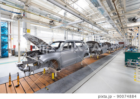 Plant for production of cars. Modern automotive industry. Electric car factory, conveyor Plant for production of cars. Modern automotive industry. Electric car factory, conveyor 90074884