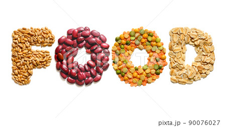 Word FOOD made of cereals isolated on white background Word FOOD made of cereals isolated on white background 90076027