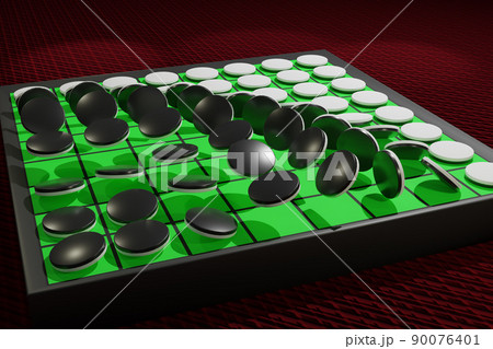 一つのオセロの黒が全ての白をひっくりかえす連鎖反応を起こすイメージ 90076401