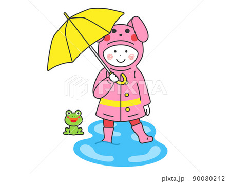 傘をさして、ウサギのレインコートを着て、水溜りに入る女の子のイラスト 90080242