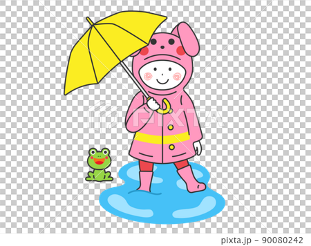 一個女孩拿著雨傘，穿著兔子雨衣，進入水坑的插圖 90080242