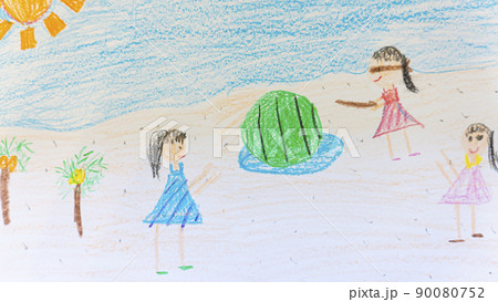 子供が描いた海でスイカ割りをする絵 子供が描いた海でスイカ割りをする絵 90080752