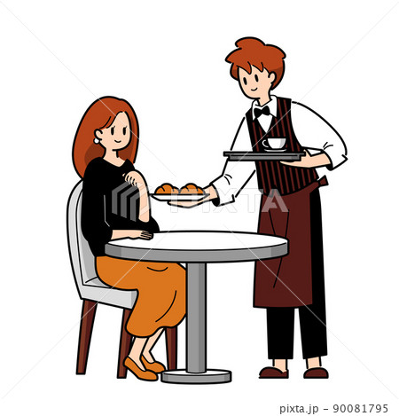 カフェテーブルの女性とカフェ店員 90081795