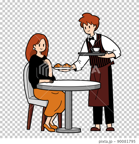 カフェテーブルの女性とカフェ店員 90081795