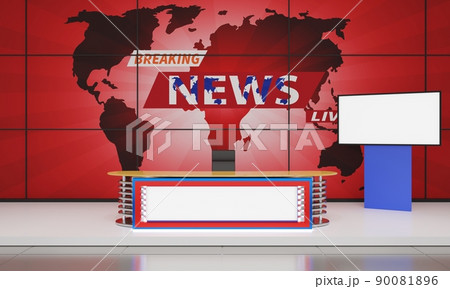 white table on stand with map background in a news studio room.3d rendering. white table on stand with map background in a news studio room.3d rendering. 90081896