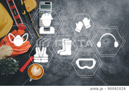 Work safety concept, Top view engineer office with VR screen work safety icon, First secure rules. Health protection, personal security people on job.. Work safety concept, Top view engineer office with VR screen work safety icon, First secure rules. Health protection, personal security people on job.. 90082026