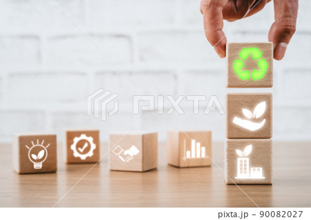 ESG concept of environmental, Wooden cube block with ESG icon with copy space, social and corporate governance concept. ESG concept of environmental, Wooden cube block with ESG icon with copy space, social and corporate governance concept. 90082027