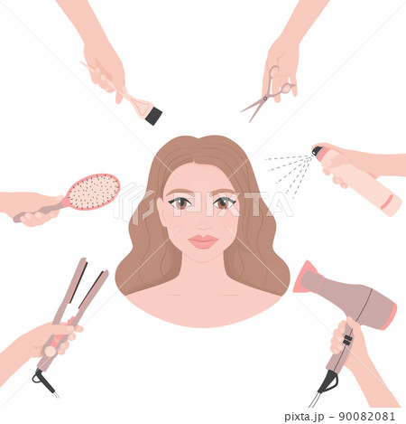 Young female customer in hair salon. Hairdresser serves beautiful woman. Concept of haircuts, coloring, hair care. Cartoon vector illustration. 90082081