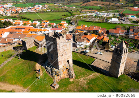 Drone view of ruined Castle of Mogadouro, Portugal 90082669