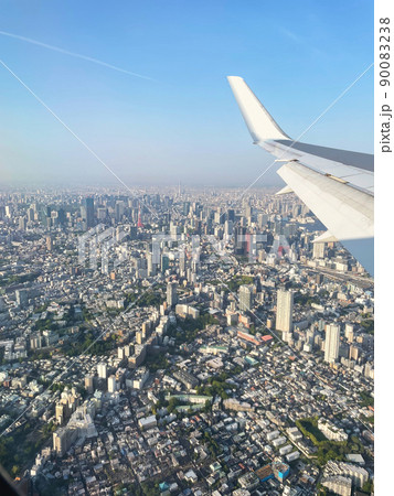 飛行機から見下ろす東京タワーやスカイツリーなど東京都心の風景 90083238