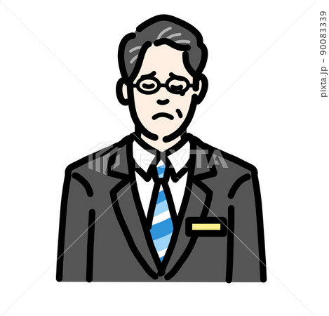 悲しそうに涙を流しているバッヂのついたスーツを着たメガネをかけた中年男性 90083339