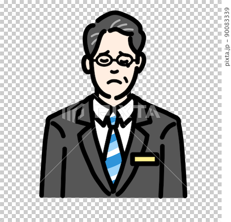 悲しそうに涙を流しているバッヂのついたスーツを着たメガネをかけた中年男性 90083339