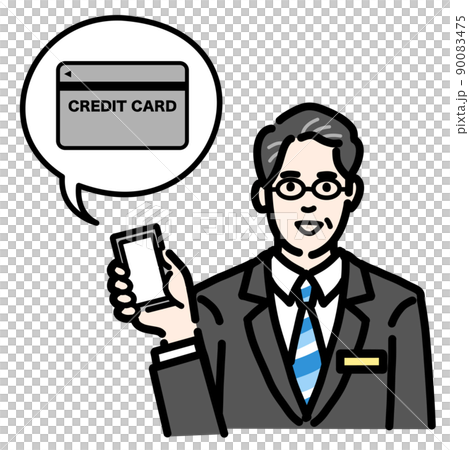 一名中年男子，身著西裝，戴著眼鏡，胸前有徽章，手持智能手機，解釋信用卡 90083475