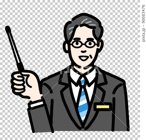一位戴眼鏡的中年男子,身著西裝,身上有徽章,用指針解釋 一位戴眼鏡的中年男子,身著西裝,身上有徽章,用指針解釋 90083476