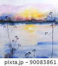 Blue watercolor illustration of sunset on river with forest on horizon. 90083861