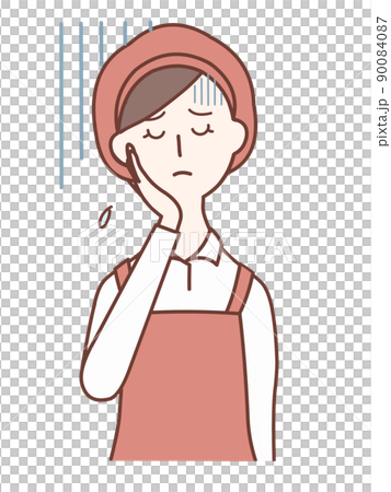 A female clerk who puts her hand on her cheek and feels depressed 90084087