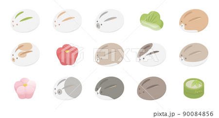 うさぎと松竹梅の形をした和菓子のベクターイラストセット うさぎと松竹梅の形をした和菓子のベクターイラストセット 90084856