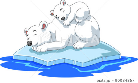 Cartoon mother and baby polar bear sleeping on ice floe 90084867