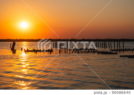 Beautiful red and orange sunset over the sea. The sun goes down over the sea. A flock of cormorants sits on a old sea pier in orange sunset light Beautiful red and orange sunset over the sea. The sun goes down over the sea. A flock of cormorants sits on a old sea pier in orange sunset light 90086640