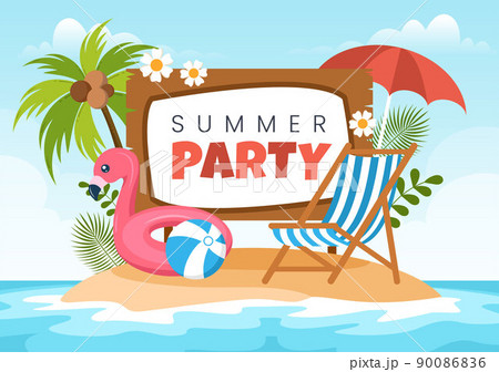 Summer Party Cartoon Background Illustration with Tropical Plants, Equipment on the Beach for Poster or Greeting Card Design 90086836