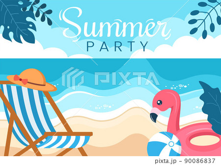 Summer Party Cartoon Background Illustration with Tropical Plants, Equipment on the Beach for Poster or Greeting Card Design Summer Party Cartoon Background Illustration with Tropical Plants, Equipment on the Beach for Poster or Greeting Card Design 90086837