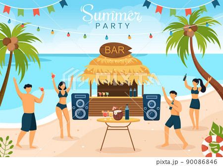 Summer Party Cartoon Background Illustration with Tropical Plants, Equipment on the Beach for Poster or Greeting Card Design 90086846