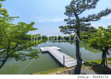 大沢池　池舞台　新緑の季節（京都大覚寺） 90088158