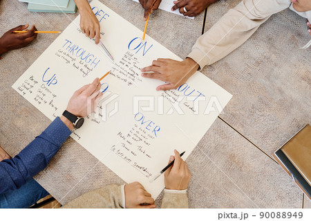 High angle view of unrecognizable group of students learning English phrasal verbs using handmade poster 90088949