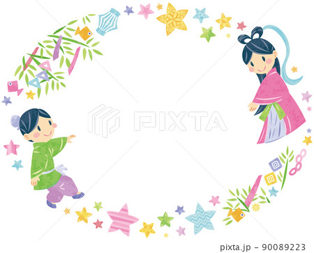 7月　七夕まつり　織姫と彦星　イラスト装飾丸フレーム横長 90089223