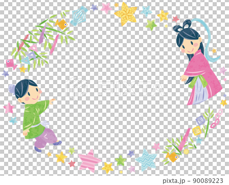 7月　七夕まつり　織姫と彦星　イラスト装飾丸フレーム横長 90089223
