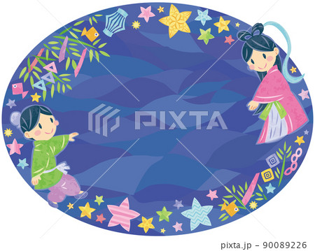 7月 七夕まつり 織姫と彦星 イラスト装飾丸フレーム横長 7月 七夕まつり 織姫と彦星 イラスト装飾丸フレーム横長 90089226