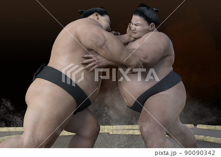 大きな体躯の力士がお互いの力を出しきり手のひらで相手とぶつかり合う 90090342