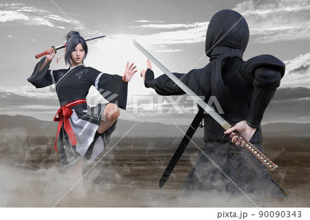 江戸からはなれた荒野で黒い着物を着た少女と刀を構えたくノ一が対峙し決闘をするのイラスト素材