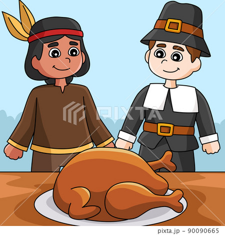 Thanksgiving Native American Pilgrim Illustration 90090665