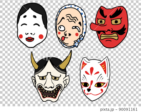 斜め向きの日本のお面のイラスト5種セット 90091161