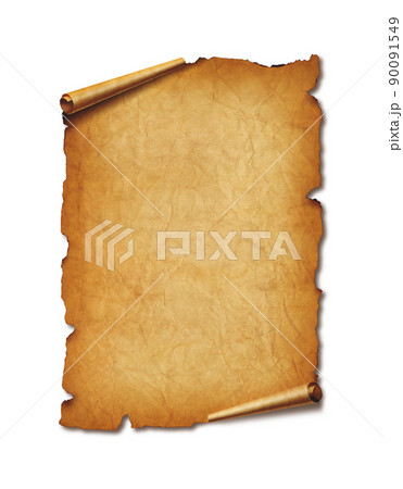 Old mediaeval paper sheet. Parchment scroll isolated on white with shadow 90091549
