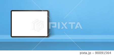Digital tablet pc on blue wall shelf. Background banner Digital tablet pc on blue wall shelf. Background banner 90091564
