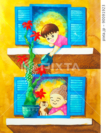 happy boy child watering cactus tree plant belong to senior old woman grandmother and cat kindness love human animal generation mind spiritual art watercolor painting design illustration 90091923