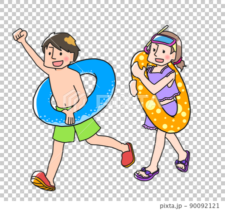 Children frolicking in swimsuits 90092121