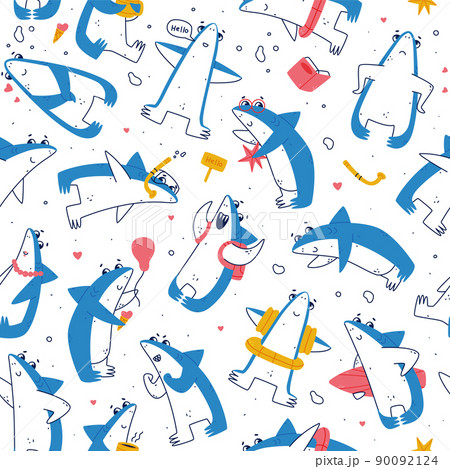 Cute Blue Shark as Sea Animal Living Underwater Seamless Pattern Vector Template 90092124