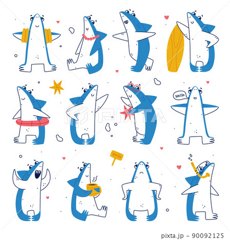 Cute Blue Shark as Sea Animal Drinking Tea, Snorkeling and Greeting Vector Set Cute Blue Shark as Sea Animal Drinking Tea, Snorkeling and Greeting Vector Set 90092125