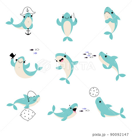 Comic Blue Shark with Fins as Marine Animal Floating in the Ocean Vector Set 90092147